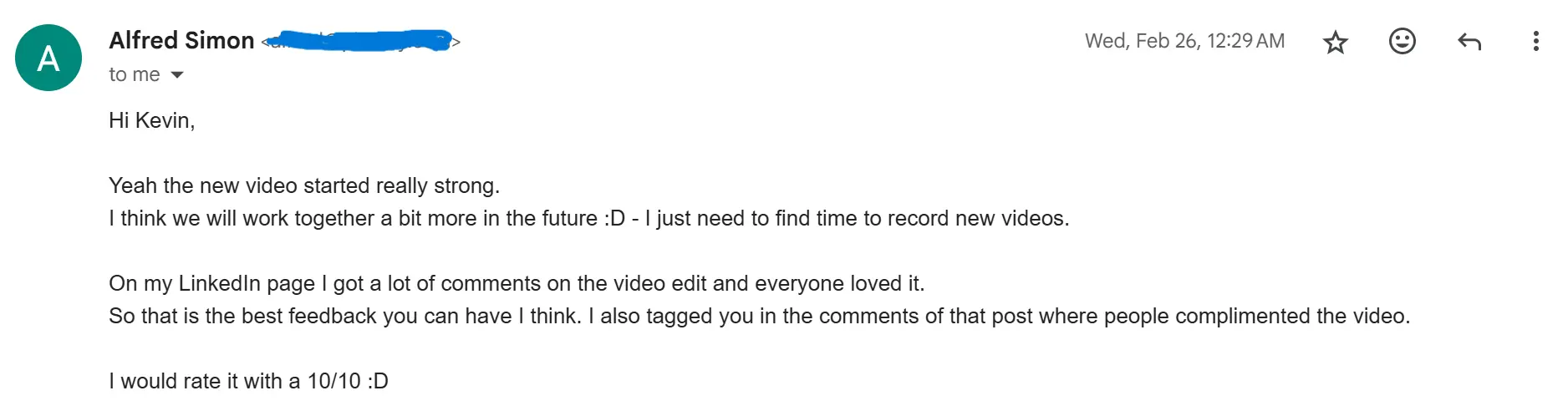 Client email — Alfred Simon rated the video 10/10